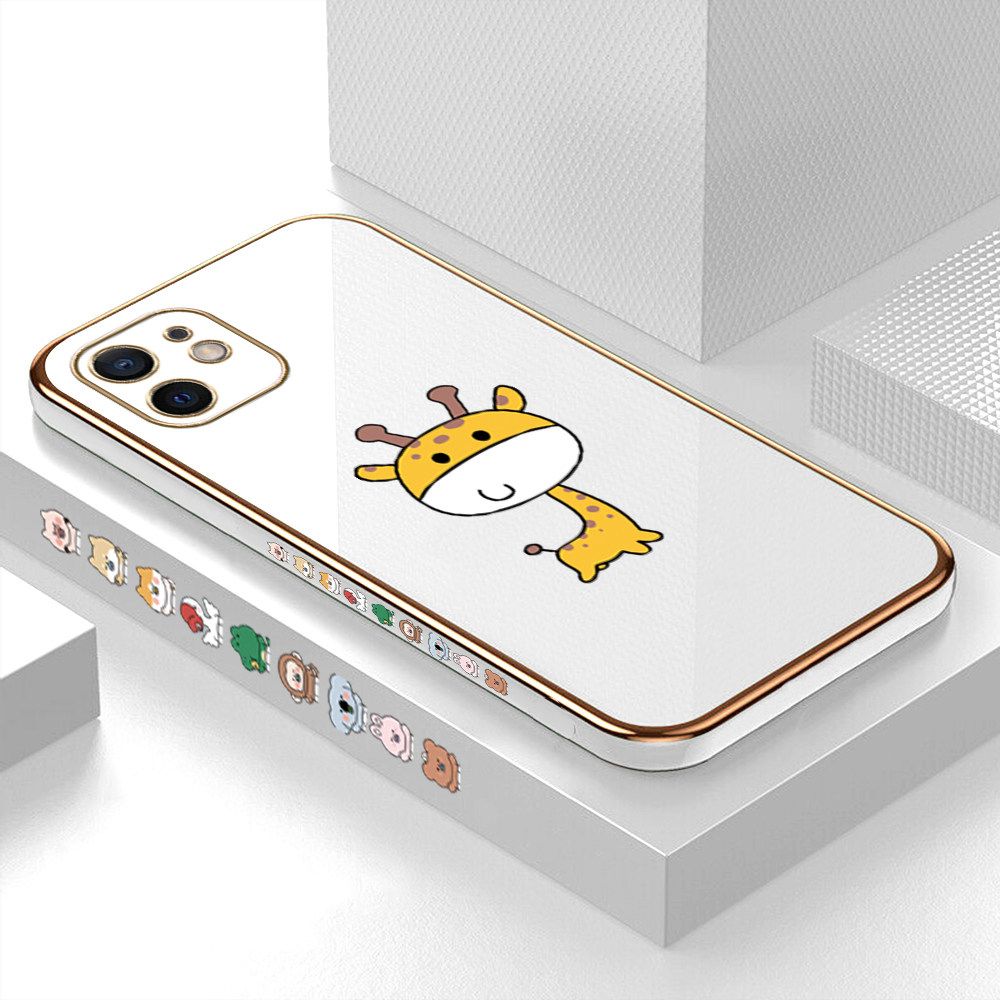Luxury 6D Plating Case for iPhone 12 Mini Color Cute Giraffe Side Pattern Back Cover Soft Silicone Square Frame Shiny Bling Phone Cases + Free Lanyard