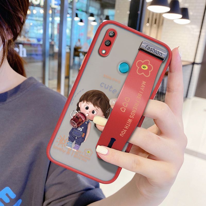UCUC for Huawei Y7 2019 Wrist Strap Case Girl Drinking Cola Wristband Printing Cover Shockproof Ultra Thin Phone Case