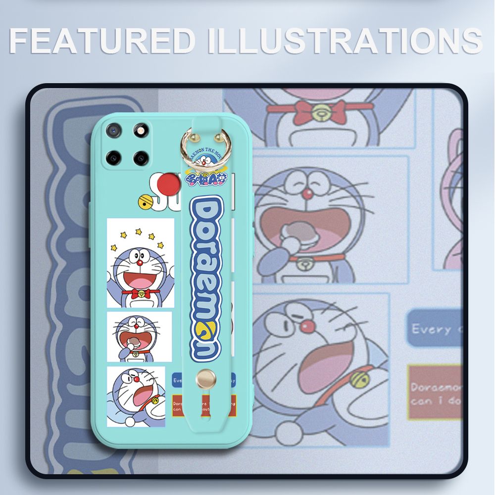 UCUC for Realme C12 Wrist Strap Case Creative Cartoon Doraemon's Daily Life Cover Ultra Thin Anti Fall Liquid Silicone Phone Case