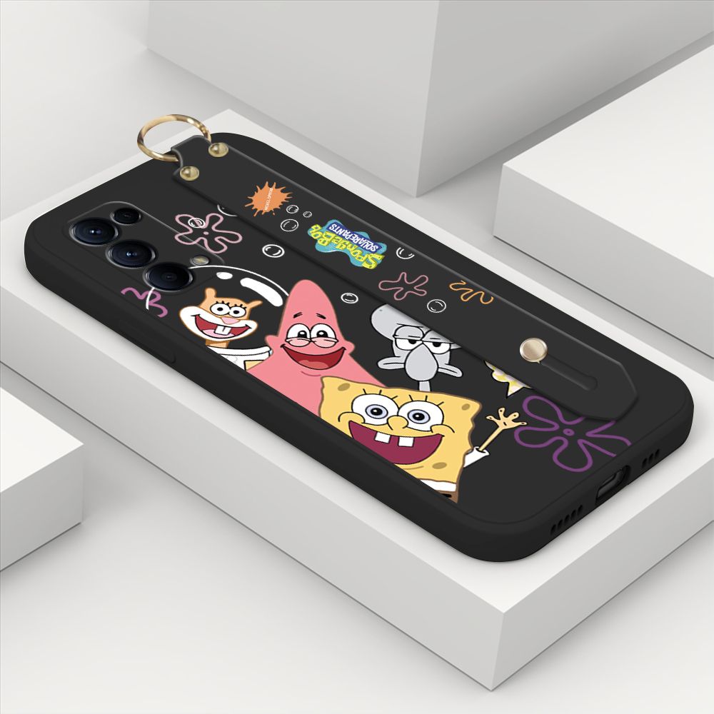 ZeroQiQi for OPPO Reno5 Pro 5G Wrist Strap Case Cute Cute Funny Cartoon Sponge for Square Pants Cover Square Edge Liquid Silicone Anti-drop Phone Case