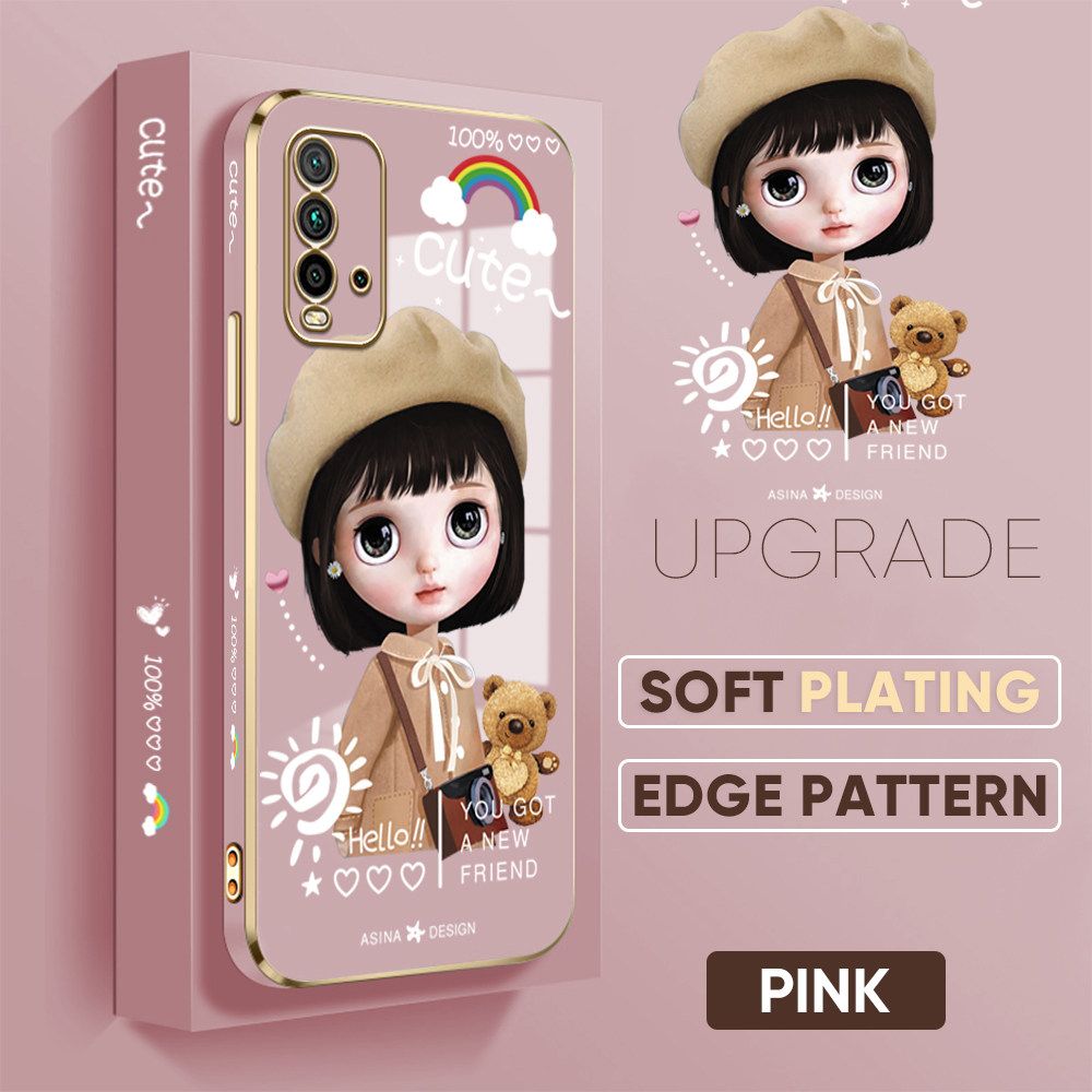 TA for Redmi 9 Power / Redmi 9T Back Cover + Free Lanyard Satchel Girl Luxury 6D Plating Case Side Pattern Soft Silicone Square Phone Cases