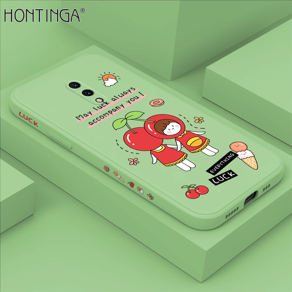 Hontinga for OnePlus 7 Case Side Design Cute Cherry Girl Back Cover Soft Square Edge Pattern Liquid Silicone Trend Phone Cases
