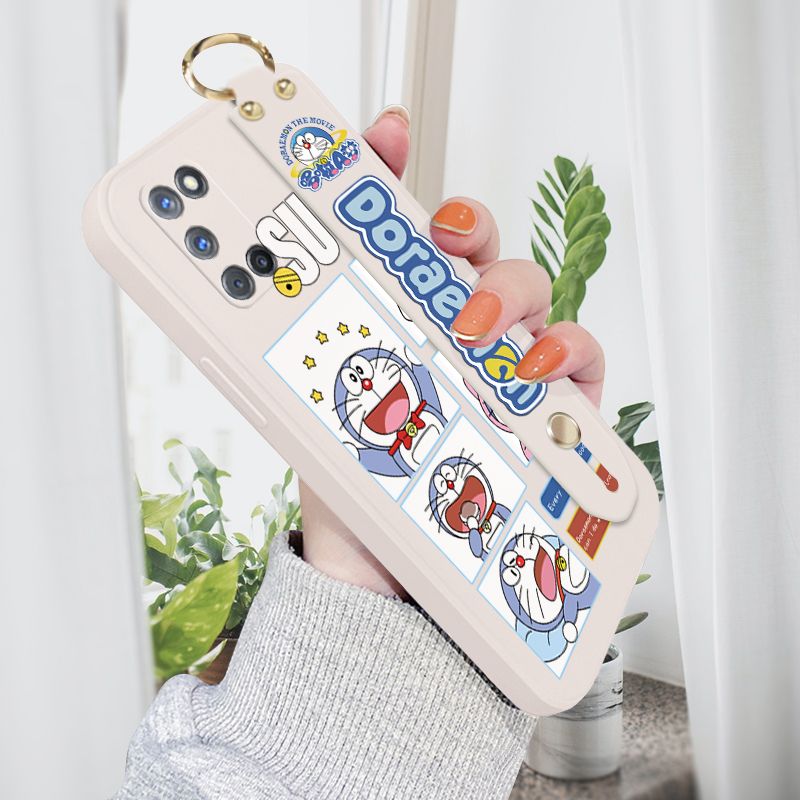 Jizetin for OPPO A92 / A52 Wrist Strap Case Creative Cartoon Doraemon's Daily Life Cover Ultra Thin Anti Fall Liquid Silicone Phone Case