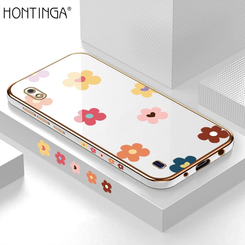 Hontinga for Samsung Galaxy A10 Back Cover + Free Lanyard Luxury 6D Plating Falling Flower Side Pattern Case Soft Silicone Square Phone Cases