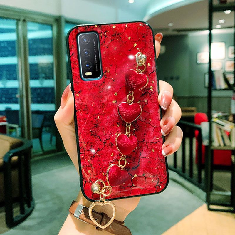 For Vivo Y12A Back Cover with Love Heart Wristband Chain Fashion Bracelet Marble Glitter Case Soft Silicone Bumper Protective Mobile Phone Cases