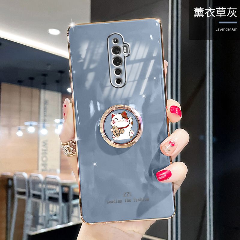 For OPPO Reno2 F / OPPO Reno 2F Cover + Ring Holder Stand Shiny Plating Square Bumper Phone Case Lens Protection Soft Silicone Shockproof Protective Back Cover