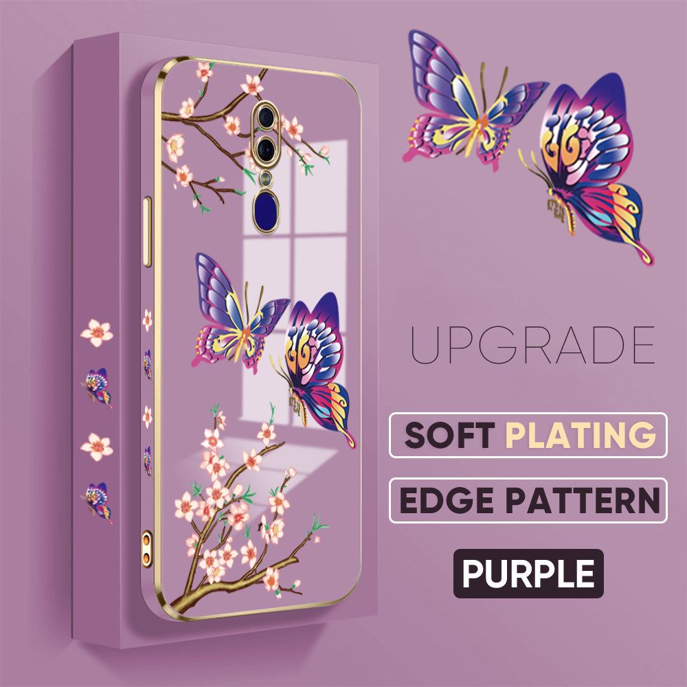 Jizetin (Free Lanyard) OPPO F11 Back Cover Peach Blossom and Butterfly Luxury 6D Plating Case Side Pattern Soft Silicone Square Mobile Phone Cases