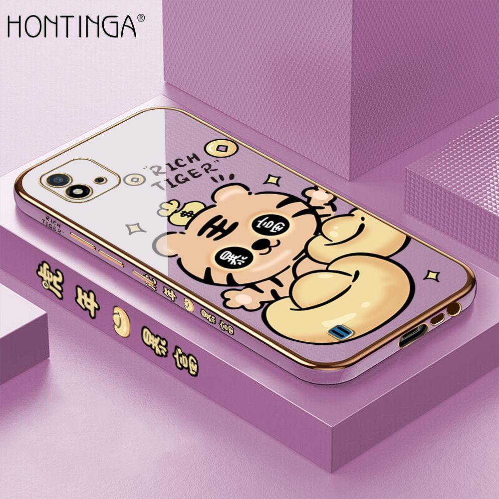Hontinga for Realme C20 / C20A / C11 2021 Back Cover + Free Lanyard Luxury 6D Plating Cartoon Get Rich Tiger Side Pattern Caese Soft Silicone Square Phone Cases
