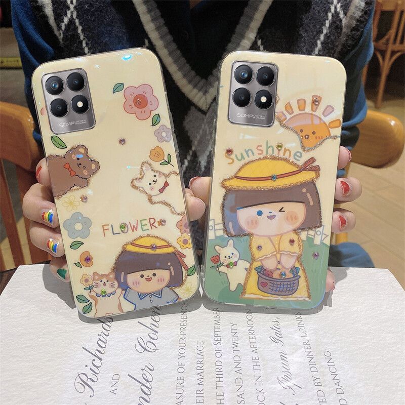 Phone case Realme 8i Case Soft Blue-Ray Bling Glitter Cartoon Fashion Sun and Flowers Silicone Back Cover For Realme8 i Cases