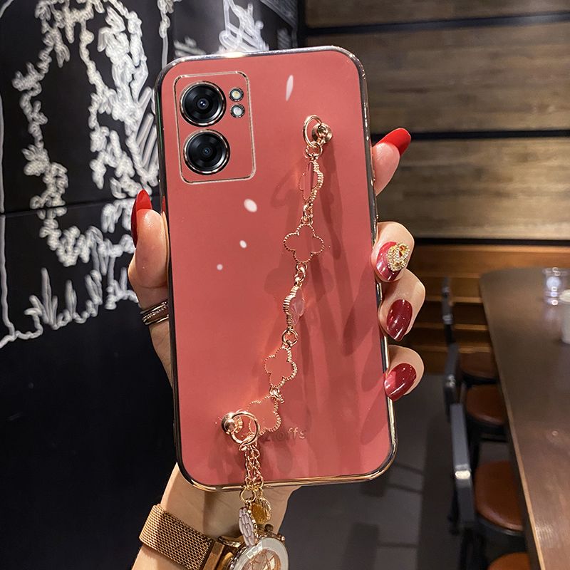 For Realme 9i Back Cover with Lucky Clover Wristband Chain Fashion Bracelet Shiny Plating Square Edge Bumper Phone Case Soft Silicone Bumper Protective Cover