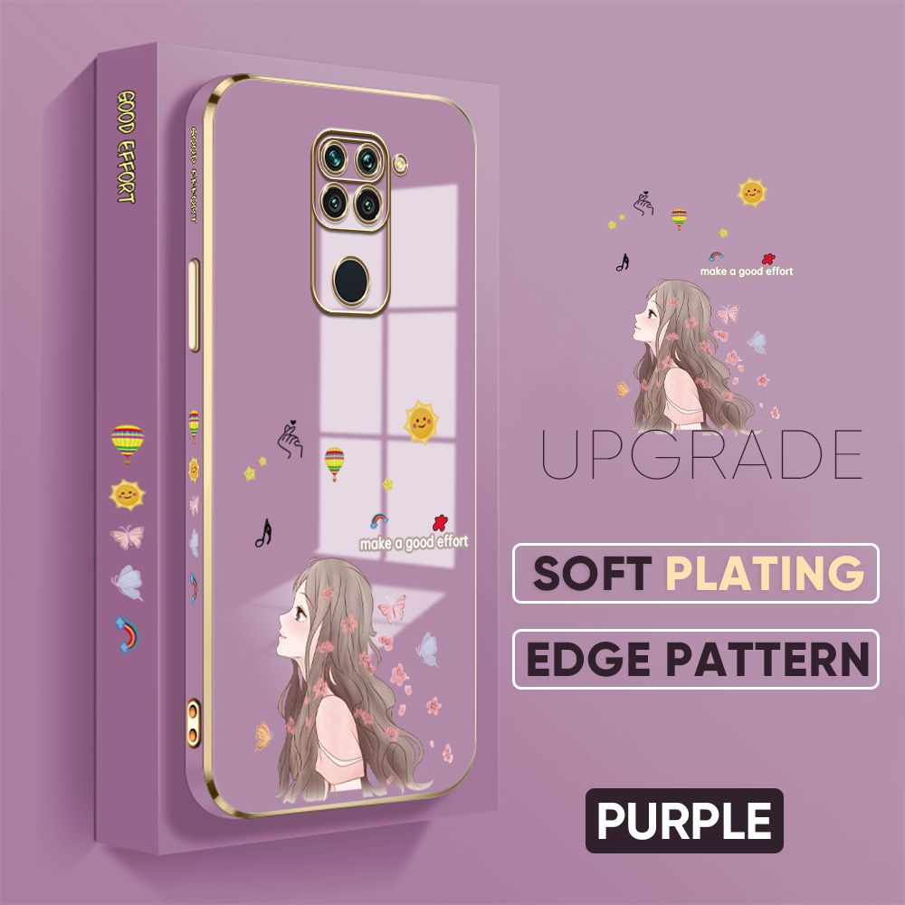 TA for Redmi Note 9 Back Cover + Free Lanyard Charming Girl Luxury 6D Plating Case Side Pattern Soft Silicone Square Phone Cases