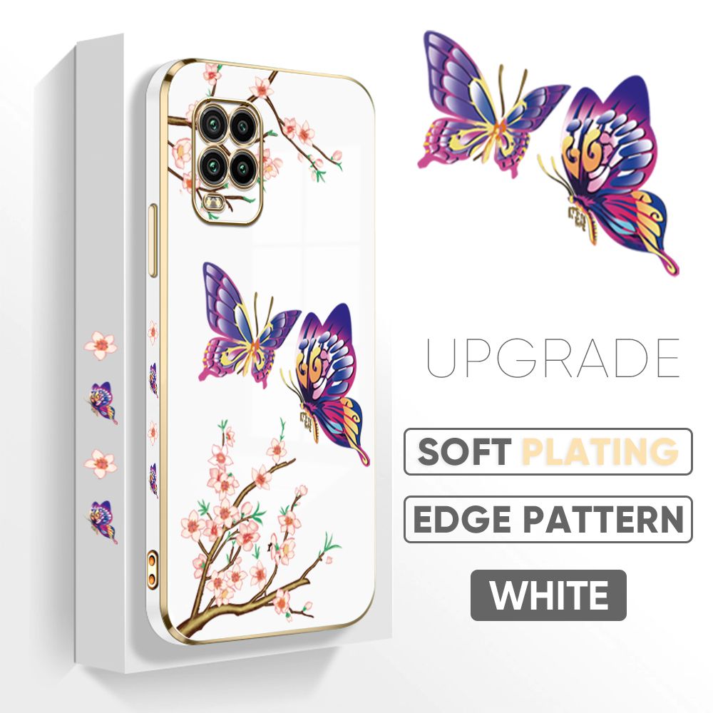 Jizetin (Free Lanyard) Xiaomi Mi 10 Lite 5G Back Cover Peach Blossom and Butterfly Luxury 6D Plating Case Side Pattern Soft Silicone Square Mobile Phone Cases