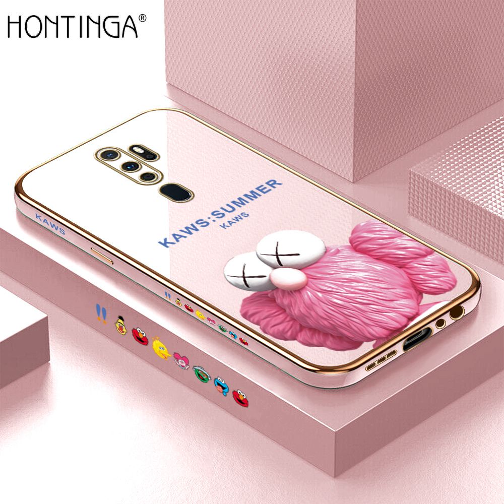 Hontinga for OPPO A5 2020 / A9 2020 Luxury 6D Plating Soft Casing Silicone Square Frame Phone Case Shiny Bling Back Cover Pink Doll Side Pattern Case
