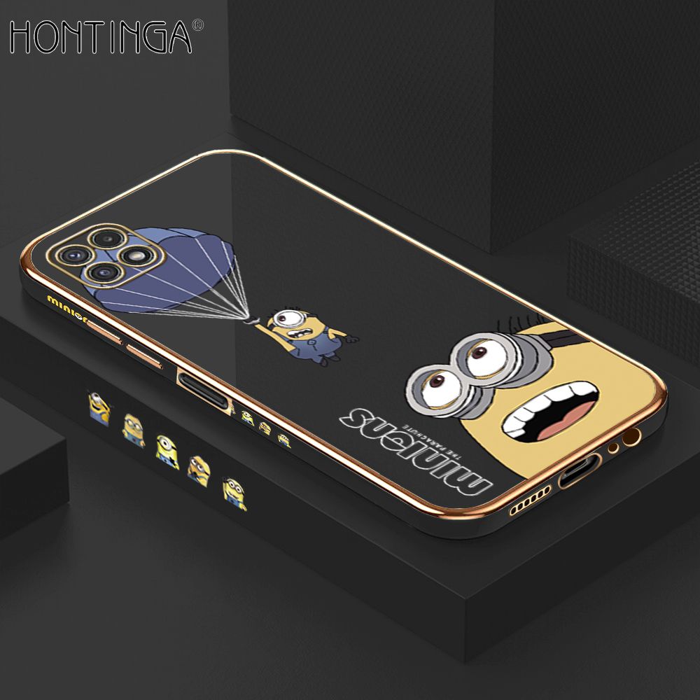 Hontinga for Samsung Galaxy A22 5G Back Cover + Free Lanyard Luxury 6D Plating Yellow Cartoon Character Pattern Case Soft Silicone Square Phone Cases