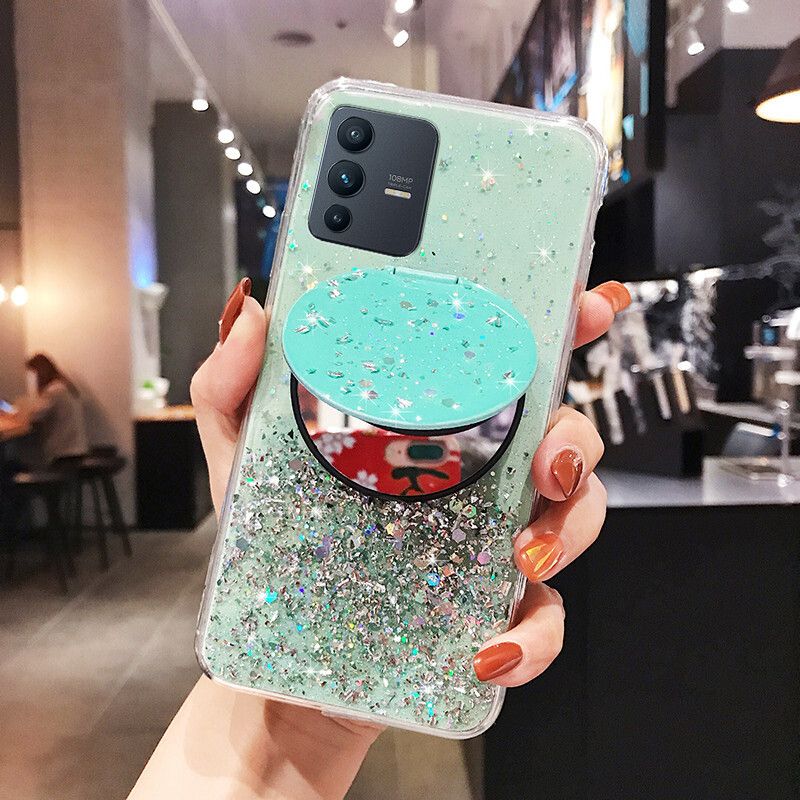 Case For VIVO V23 Shiny Ring Back Cover Glitter Soft Transparent Makeup Mirror Cases for VIVO V23 Case Stars Moon Girls