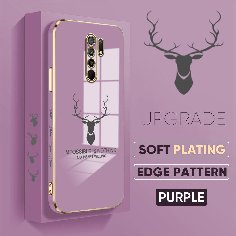 Jizetin (Free Lanyard) Redmi 9 Back Cover Antlers Luxury 6D Plating Case Side Pattern Soft Silicone Square Phone Cases