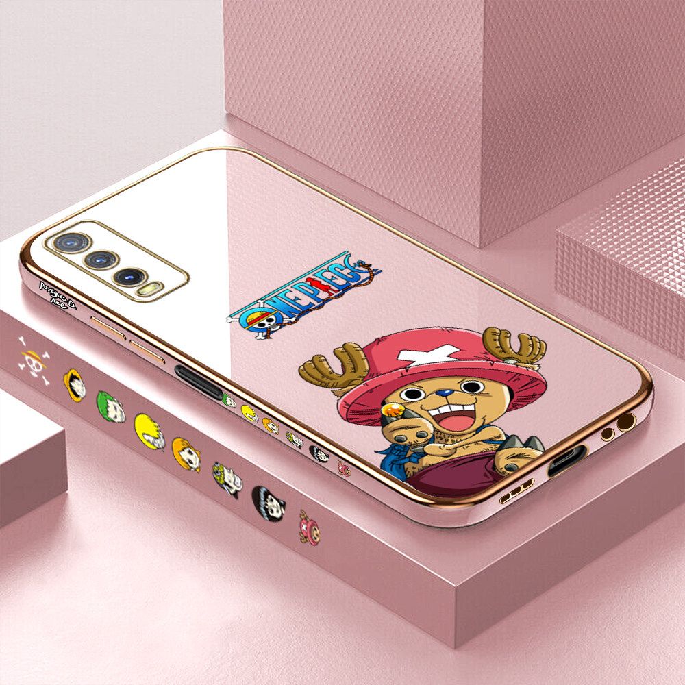 Luxury 6D Plating Case for Vivo Y12A Cartoon Anime Choba Side Pattern Back Cover Soft Silicone Square Frame Shiny Bling Phone Cases + Free Lanyard