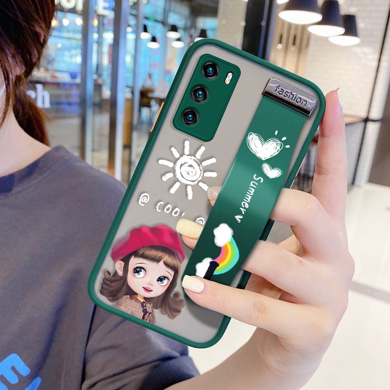 UCUC for Huawei P40 Wrist Strap Case Lovely Cartoon Red Hat Girl Wristband Printing Cover Shockproof Frosted Phone Case