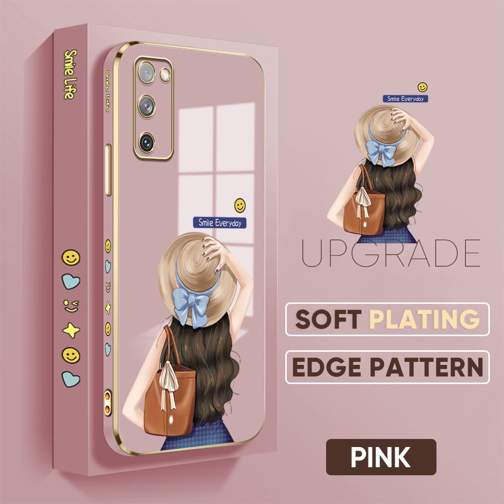 Jizetin (Free Lanyard) Samsung Galaxy S20 FE / S20 FE 5G Back Cover Girl In Hat Luxury 6D Plating Case Side Pattern Soft Silicone Square Mobile Phone Cases
