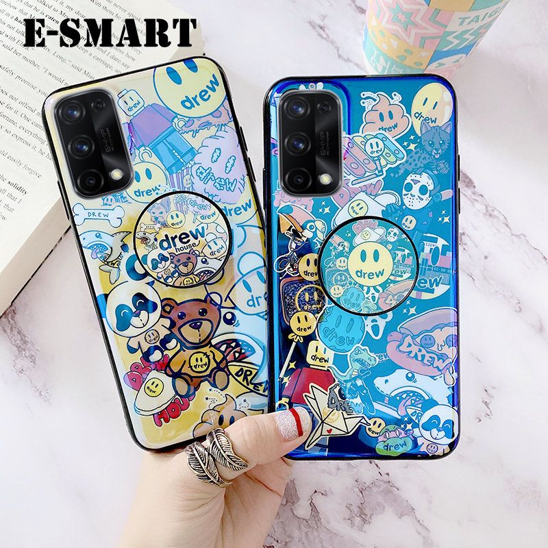 Phone Case Realme 7 Pro Back cover With Jack Bracket Holder stand ring Fashion Cartoon Smile Face Blue Light Silicone Soft cases Cover Realme7 Pro Case