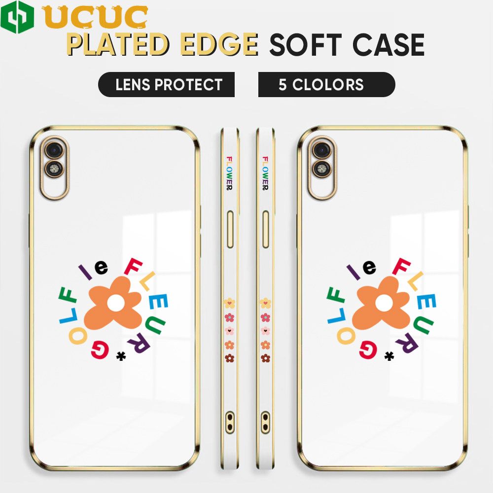 UCUC for Redmi 9A Back Cover + Free Lanyard Colorful Flower Luxury 6D Plating Case Side Pattern Soft Silicone Square Phone Cases
