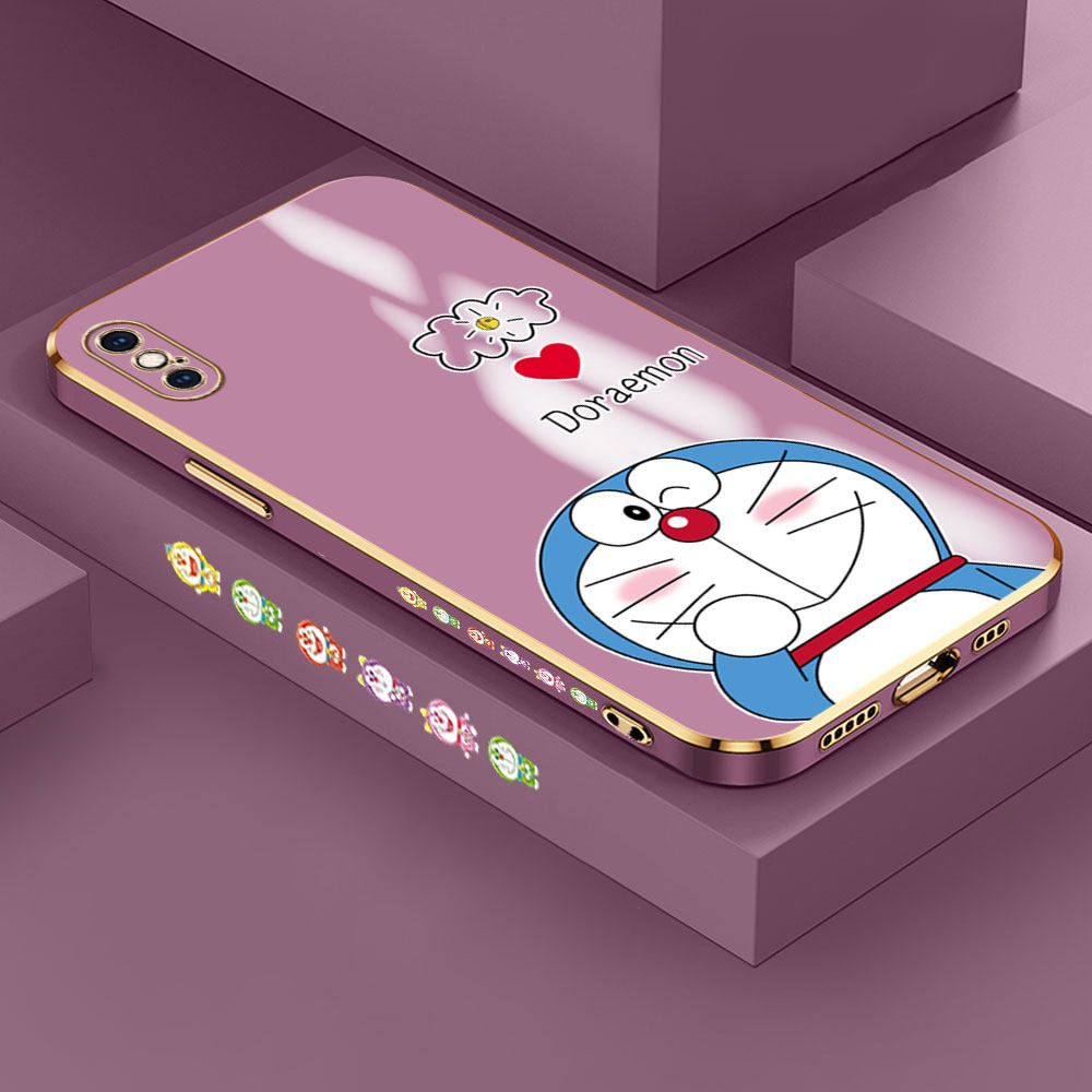 Hontinga for iPhone XS MAX Back Cover + Free Lanyard Luxury 6D Plating Grinning Cartoon Cat Side Pattern Case Soft Silicone Square Mobile Cover