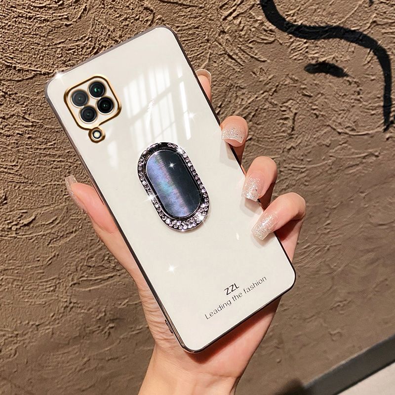 For Samsung Galaxy A12 Back Cover + Rhinestone Ring Holder Stand Shiny Plating Square Bumper Girls Phone Case Soft TPU Silicone Shockproof Protective Cover