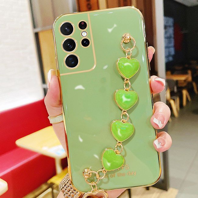 For Samsung Galaxy S21 Ultra Cover + Love Heart Bracelet Fashion Shiny Wrist Chain Plating Bumper Slim Phone Case Soft TPU Silicone Shockproof Protective Back Cover