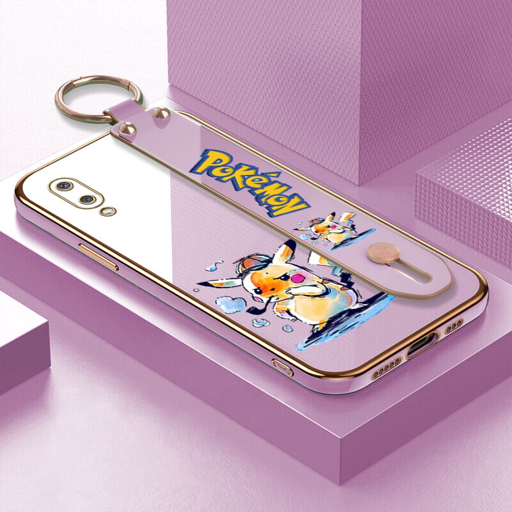 UCUC for Samsung Galaxy A02 / M02 Wrist Strap Back Cover + Free Lanyard Pikachu Fashion Luxury 6D Plating Soft Casing Silicone Square Frame Phone Case