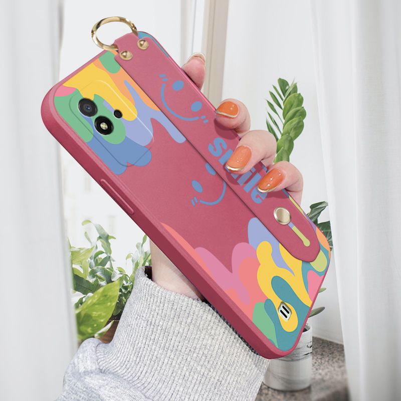 Jizetin for Realme Narzo 50I Back Cover Cartoon Dreamlike Smile Wrist Strap Phone Case Candy Color shock proof Protective Phone Cases