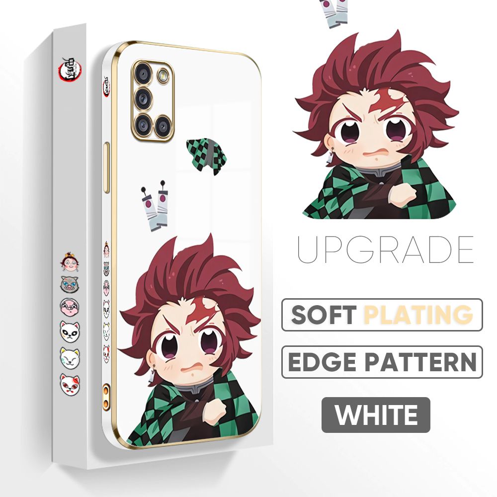 Jizetin (Free Lanyard) Samsung A31 Cover Wronged Tanjiro Luxury 6D Plating Soft Casing Silicone Square Frame Phone Case Shiny Bling Back Cover
