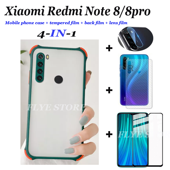 （4in1）4 corner bumper shockproof protective cover suitable for Xiaomi Redmi Note 8 7 8 pro shell precision camera protection hard phone case matte back cover + tempered film + lens film + back film