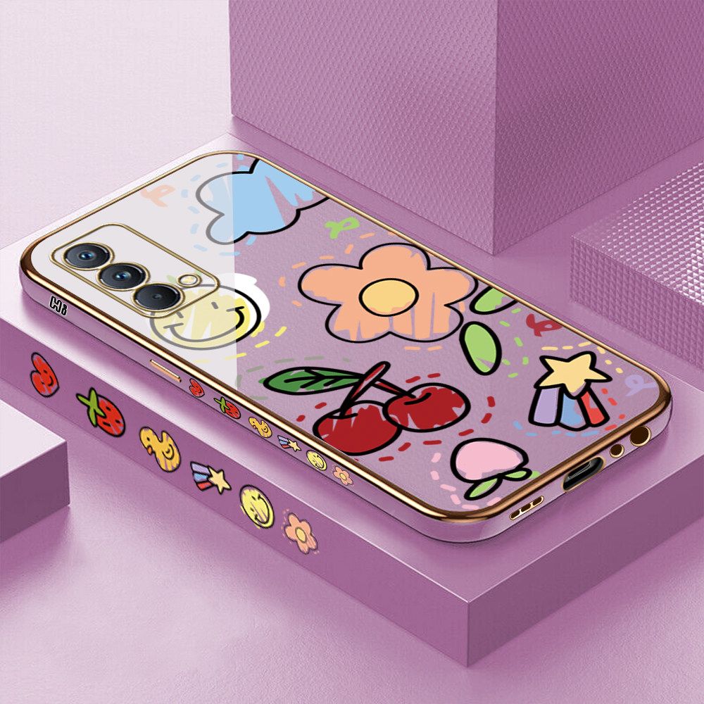 Luxury 6D Plating Case for Realme GT Master Color Cartoon cherry Peach Side Pattern Back Cover Soft Silicone Square Frame Shiny Bling Phone Cases + Free Lanyard