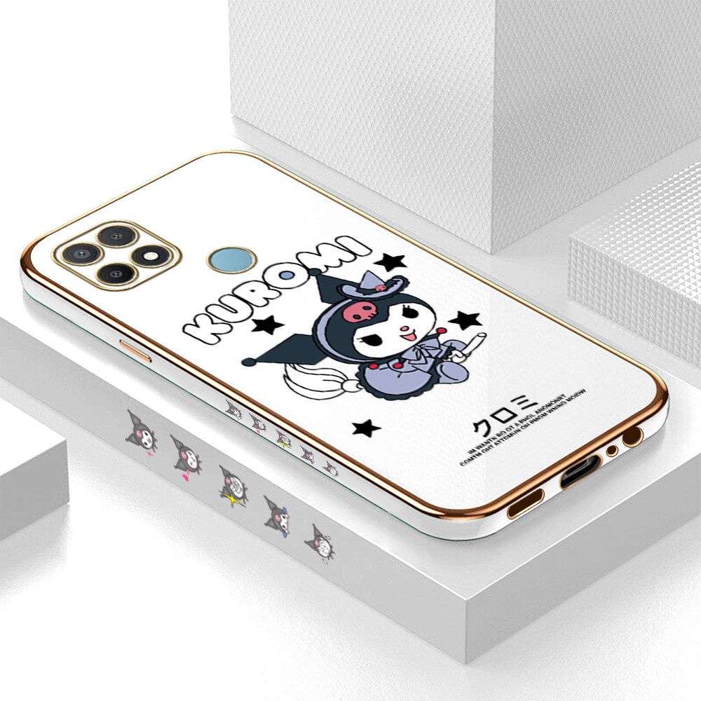 Luxury 6D Plating Soft Casing Silicone Square Frame Phone Case For OPPO A15 Case Shiny Bling Back Cover Cartoon Anime Character Cute Square Edge Pattern Design Soft Case + Free Lanyard