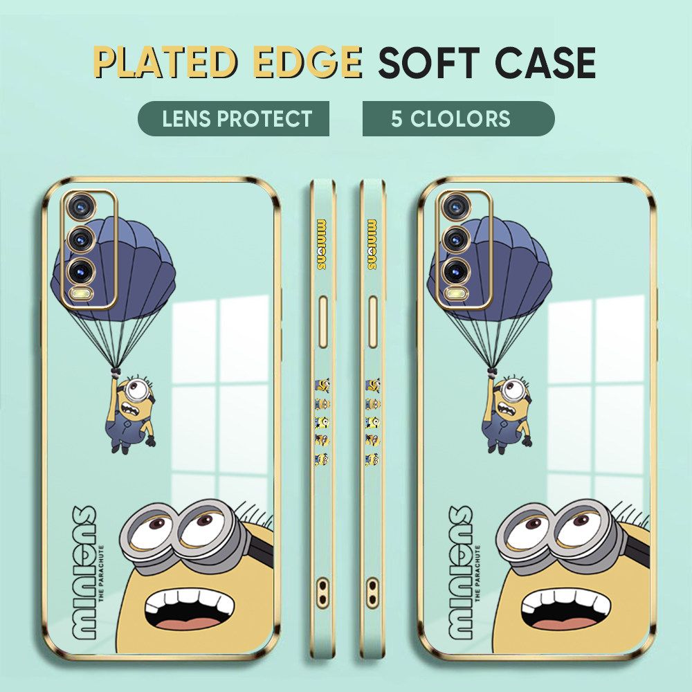Luxury 6D Plating Case for Vivo Y20 2021 / Y20I / Y20S / Y20SG / Y12A / Y12S Back Cover Cartoon Minions Side Print Soft Silicone Square Phone Cases