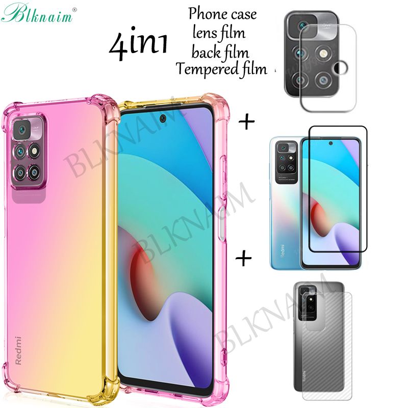 BLKNAIM (4IN1) for Xiaomi Redmi 10 color four-corner drop-proof phone case + tempered glass film + carbon fiber back film + lens film for Xiaomi Redmi 10 4IN1