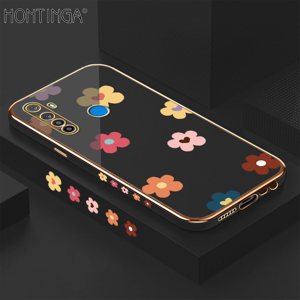 Hontinga for Realme 5 5I 5S 6I Back Cover + Free Lanyard Luxury 6D Plating Falling Flower Side Pattern Case Soft Silicone Square Mobile Cover