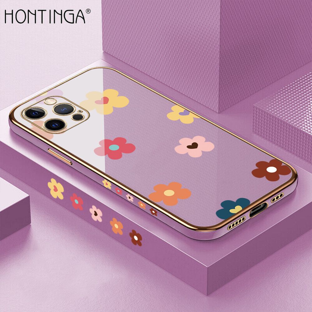 Hontinga for iPhone 12 Pro Back Cover + Free Lanyard Luxury 6D Plating Falling Flower Side Pattern Case Soft Silicone Square Mobile Cover