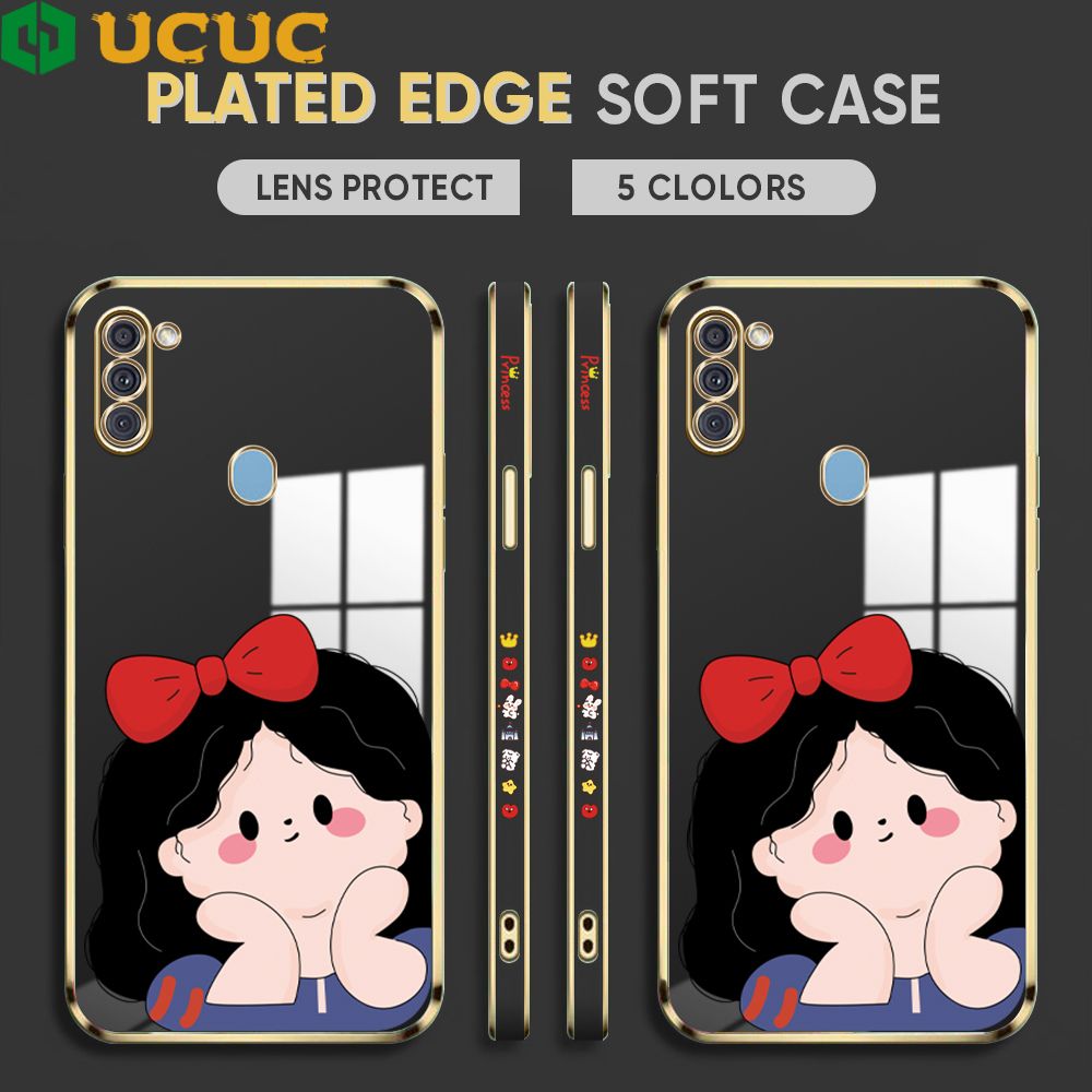 UCUC for Samsung Galaxy A11 M11 Back Cover + Free Lanyard Cute Gir Luxury 6D Plating Case Side Pattern Soft Silicone Square Phone Cases