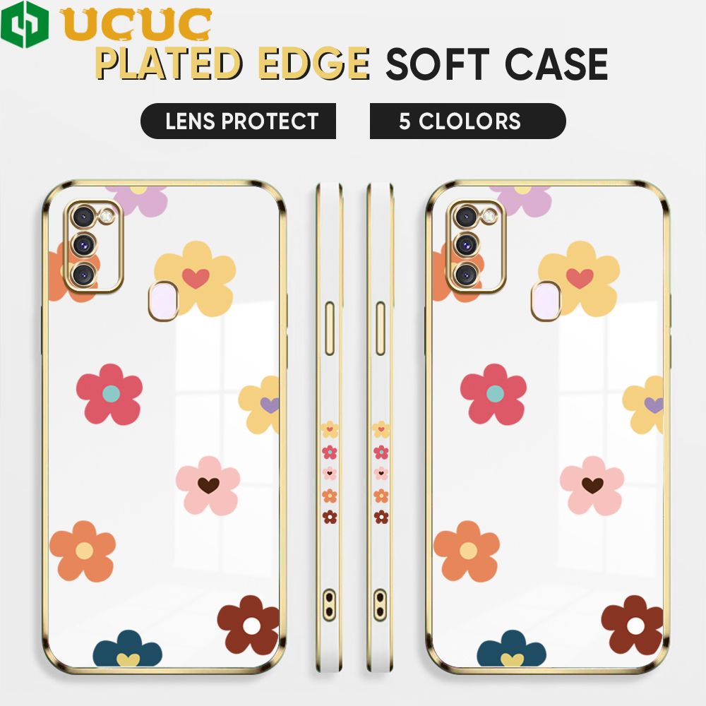 UCUC for Samsung Galaxy M21 M30S Back Cover + Free Lanyard INS Style Flower Luxury 6D Plating Case Side Pattern Soft Silicone Square Phone Cases
