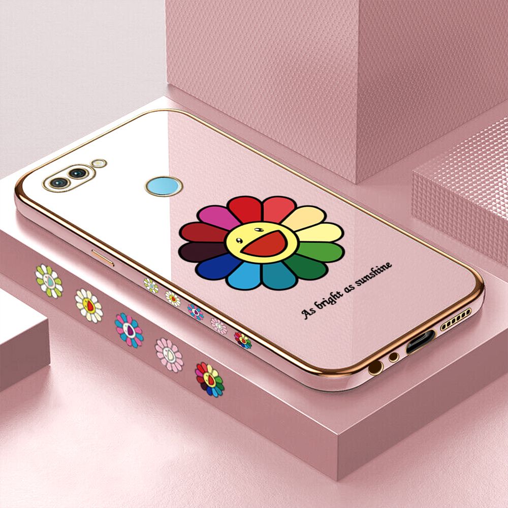 Luxury 6D Plating Case for OPPO F9 Colored Sunflower Side Pattern Back Cover Soft Silicone Square Frame Shiny Bling Phone Cases + Free Lanyard