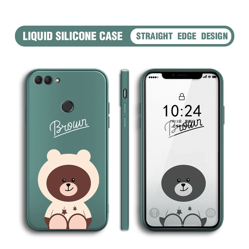 BILI for Huawei Y9 2018 Back Cover Brown Bear Multicolor Liquid Silicone Phone Case Soft Square Lens Protection Phone Cases