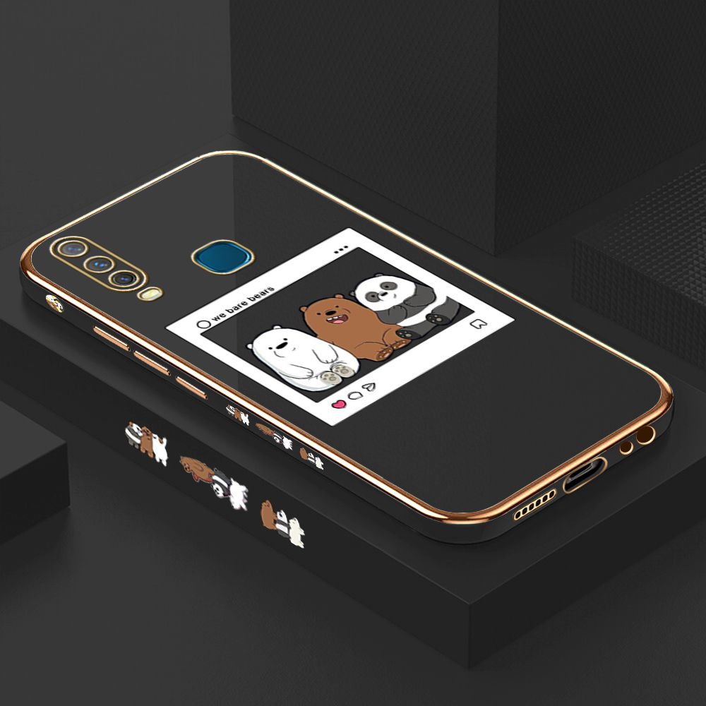 Luxury 6D Plating Case for Vivo Y12 Cute Cartoon Anime Bears Side Pattern Back Cover Soft Silicone Square Frame Shiny Bling Phone Cases + Free Lanyard