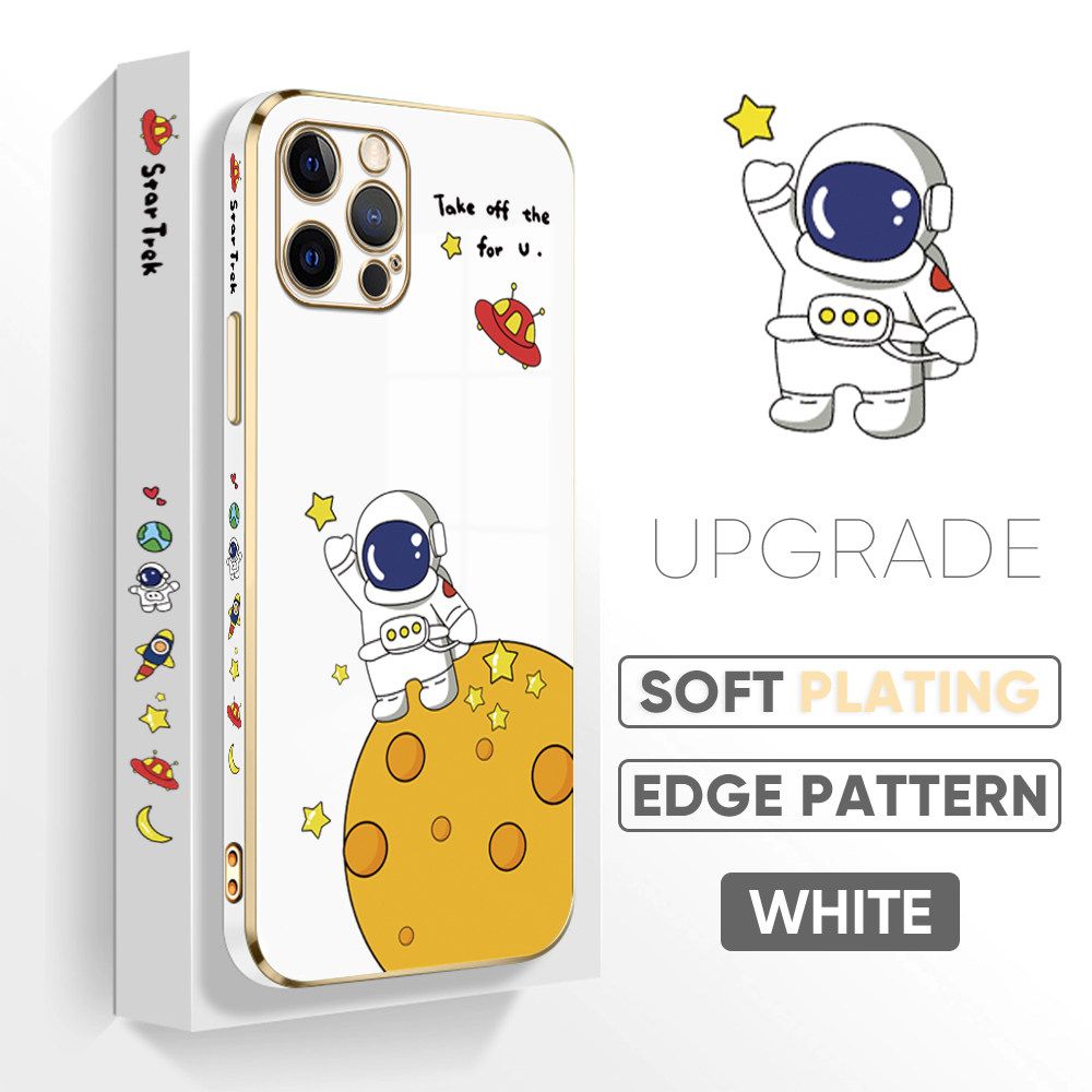 TA for iPhone 12 Pro Max Back Cover + Free Lanyard Planet Astronaut Luxury 6D Plating Case Side Pattern Soft Silicone Square Phone Cases