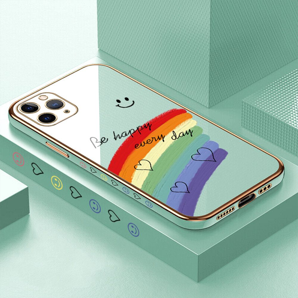 Luxury 6D Plating Case for iPhone 11 Pro Smile Rainbow Lover Heart Side Pattern Back Cover Soft Silicone Square Frame Shiny Bling Phone Cases + Free Lanyard