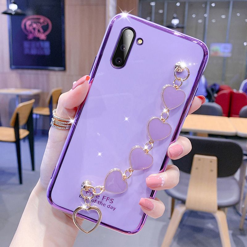 For Samsung Galaxy Note 10 Cover + Love Heart Bracelet Fashion Shiny Wrist Chain Plating Bumper Slim Phone Case Soft TPU Silicone Shockproof Protective Back Cover