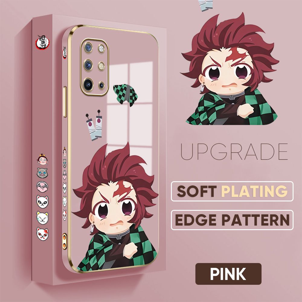 Jizetin (Free Lanyard) OnePlus 8T Cover Wronged Tanjiro Luxury 6D Plating Soft Casing Silicone Square Frame Phone Case Shiny Bling Back Cover