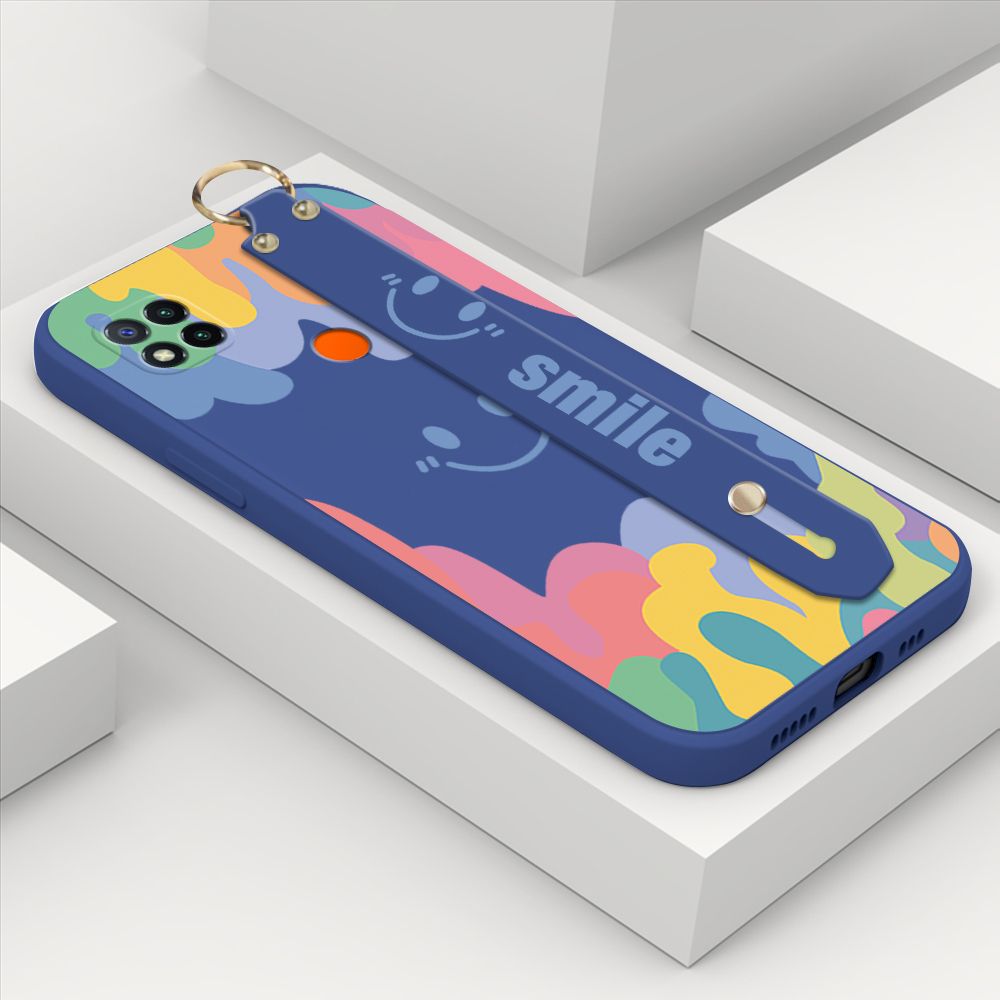 ZeroQiQi for Xiaomi Redmi 9C Wrist Strap Case Soft Candy Color Splash Ink Cover Trend Square Printed Pattern Liquid Silicone Phone Case