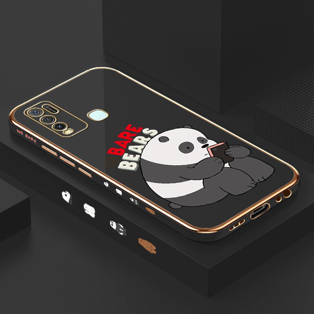 Luxury 6D Plating Case for Vivo Y30i Cartoon Panda Side Pattern Back Cover Soft Silicone Square Frame Shiny Bling Phone Cases + Free Lanyard