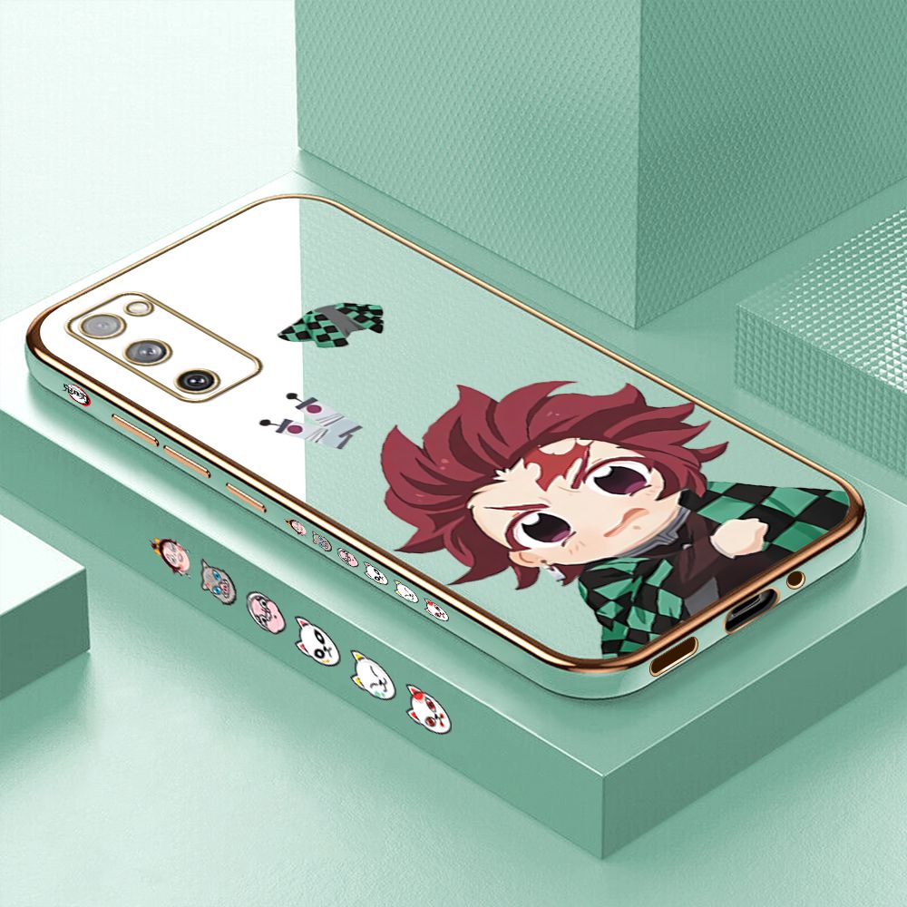 Luxury 6D Plating Case for Samsung S20 FE 5G Cartoon Anime Tanjirou Side Pattern Back Cover Soft Silicone Square Phone Cases + Free Lanyard